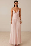 Robe de soirée en mousseline de soie a-ligne à bretelles spaghetti rose
