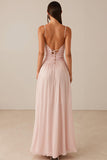 Robe de soirée en mousseline de soie a-ligne à bretelles spaghetti rose