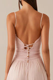 Robe de soirée en mousseline de soie a-ligne à bretelles spaghetti rose