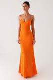 Robe de soirée à bretelles spaghetti sirène orange à lacets dans le dos