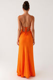 Robe de soirée à bretelles spaghetti sirène orange à lacets dans le dos