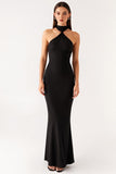 Halter Mermaid Robe longue moulante à cravate noire