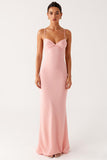 Robe formelle en mousseline de soie à bretelles spaghetti fourreau rose