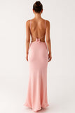 Robe formelle en mousseline de soie à bretelles spaghetti fourreau rose