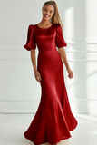 Robe longue formelle en satin sirène champagne à manches courtes