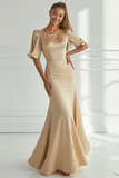 Robe longue formelle en satin sirène champagne à manches courtes