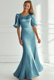 Robe longue formelle en satin sirène champagne à manches courtes