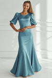 Robe longue formelle en satin sirène champagne à manches courtes