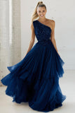 Sparkly Navy One Shoulder Squins Une Ligne Longue Robe d’Invité de Mariage avec Volants