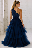 Sparkly Navy One Shoulder Squins Une Ligne Longue Robe d’Invité de Mariage avec Volants