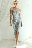 Robe de cocktail midi moulante bleu poussiéreux à épaules dénudées