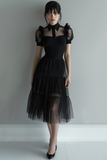 Robe de cocktail noire à col haut en tulle trapèze