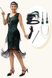 Noir Vert Frange V, Col V, Robe des années 1920 avec ensemble de 5 accessoires