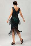Noir Vert Frange V, Col V, Robe des années 1920 avec ensemble de 5 accessoires