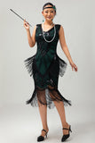 Noir Vert Frange V, Col V, Robe des années 1920 avec ensemble de 5 accessoires