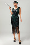 Noir Vert Frange V, Col V, Robe des années 1920 avec ensemble de 5 accessoires