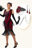 Robe à franges noires et rouges à paillettes des années 1920 avec ensemble d’accessoires 5 pièces