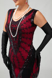 Robe à franges noires et rouges à paillettes des années 1920 avec ensemble d’accessoires 5 pièces