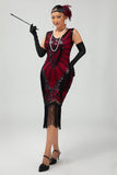 Robe à franges noires et rouges à paillettes des années 1920 avec ensemble d’accessoires 5 pièces