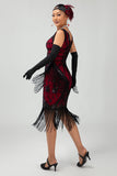 Robe à franges noires et rouges à paillettes des années 1920 avec ensemble d’accessoires 5 pièces