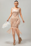 Robe à paillettes à franges champagne des années 1920 avec ensemble d’accessoires 5 pièces