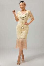 Robe à clapet à paillettes à paillettes abricot des années 1920 à manches courtes