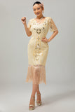 Robe à clapet à paillettes à paillettes abricot des années 1920 à manches courtes