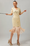 Robe à clapet à paillettes à paillettes abricot des années 1920 à manches courtes