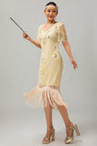 Robe à clapet à paillettes à paillettes abricot des années 1920 à manches courtes