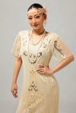 Robe à clapet à paillettes à paillettes abricot des années 1920 à manches courtes