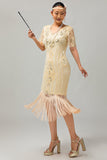 Robe à clapet à paillettes à paillettes abricot des années 1920 à manches courtes