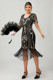 Robe à clapet à paillettes à paillettes abricot des années 1920 à manches courtes