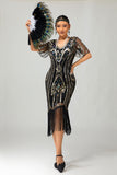 Flapper noir à paillettes dorées Robe moulante à franges des années 1920