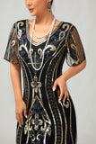 Flapper noir à paillettes dorées Robe moulante à franges des années 1920