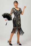 Flapper noir à paillettes dorées Robe moulante à franges des années 1920