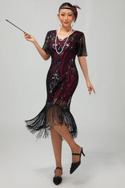 Flapper Robe moulante à franges à sequins bordeaux des années 1920