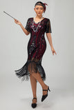 Flapper Robe moulante à franges à sequins bordeaux des années 1920