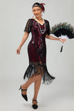 Flapper Robe moulante à franges à sequins bordeaux des années 1920