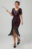 Flapper Robe moulante à franges à sequins bordeaux des années 1920