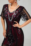 Flapper Robe moulante à franges à sequins bordeaux des années 1920