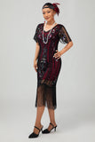 Flapper Robe moulante à franges à sequins bordeaux des années 1920