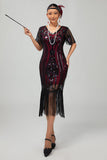 Flapper Robe moulante à franges à sequins bordeaux des années 1920