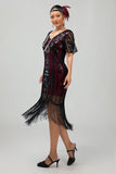Flapper Robe moulante à franges à sequins bordeaux des années 1920