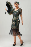 Robe à clapet à paillettes à paillettes abricot des années 1920 à manches courtes