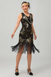 Robe moulante à clapet à paillettes dorées rouges à paillettes dorées des années 1920 avec pompons