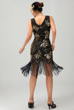 Robe moulante à clapet à paillettes dorées rouges à paillettes dorées des années 1920 avec pompons