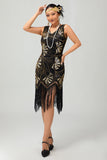 Robe moulante à clapet à paillettes dorées rouges à paillettes dorées des années 1920 avec pompons