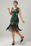 Robe moulante moulante à paillettes dorées vertes à paillettes des années 1920 avec pompons