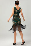 Robe moulante moulante à paillettes dorées vertes à paillettes des années 1920 avec pompons