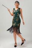 Robe moulante moulante à paillettes dorées vertes à paillettes des années 1920 avec pompons